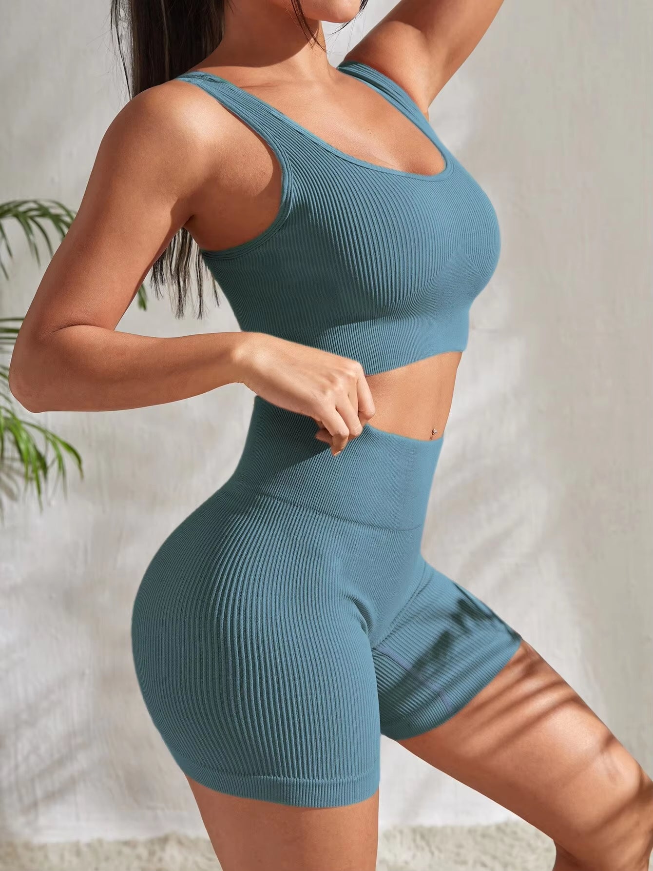 Seamless Ribbed Yoga Set for Women - 2-Piece Gym Outfit with Crop Tank and High Waist Shorts for Fitness and Running