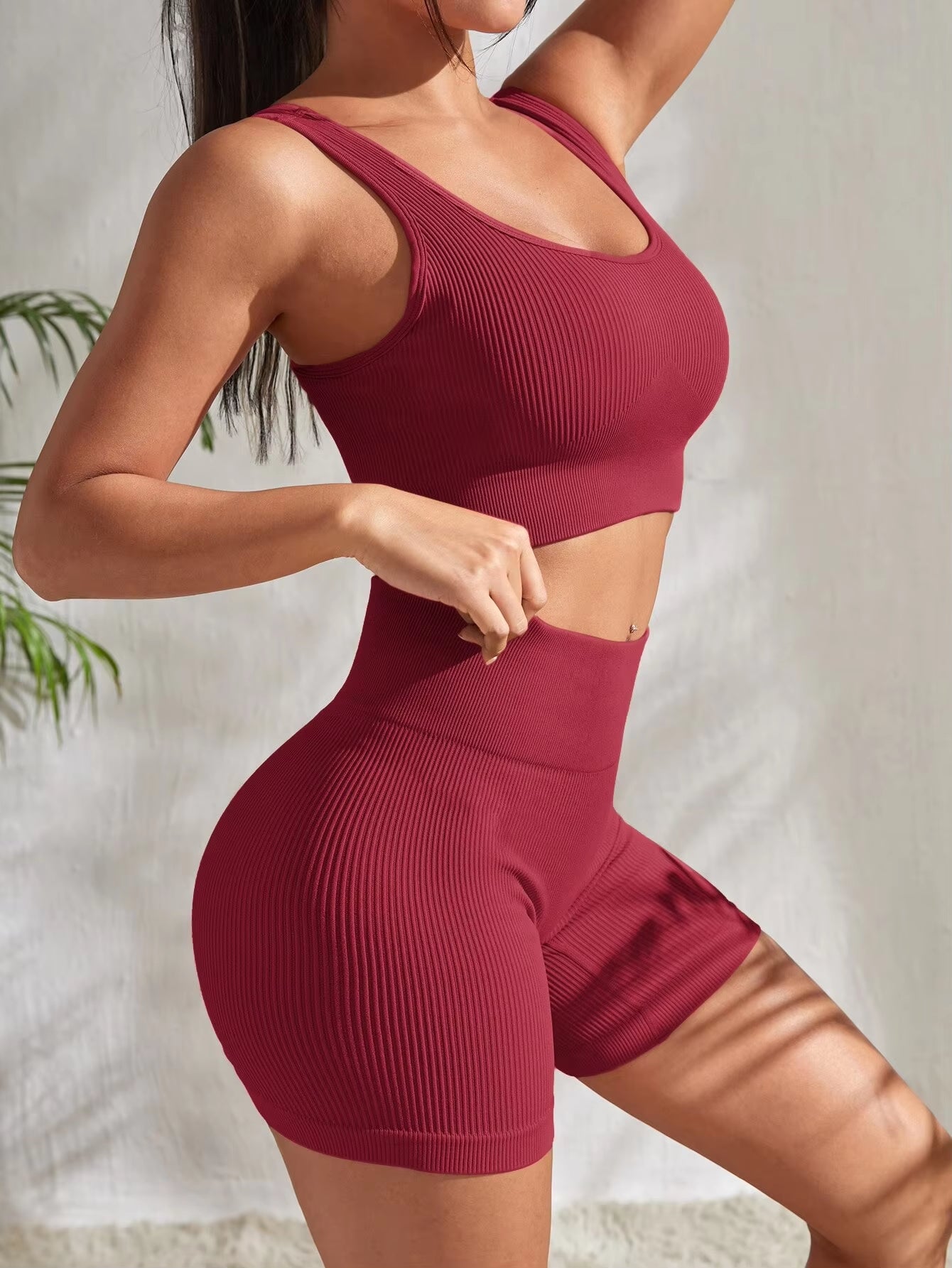 Seamless Ribbed Yoga Set for Women - 2-Piece Gym Outfit with Crop Tank and High Waist Shorts for Fitness and Running