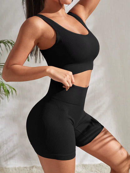 Seamless Ribbed Yoga Set for Women - 2-Piece Gym Outfit with Crop Tank and High Waist Shorts for Fitness and Running