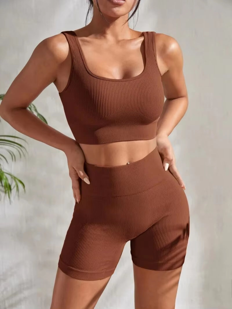 Seamless Ribbed Yoga Set for Women - 2-Piece Gym Outfit with Crop Tank and High Waist Shorts for Fitness and Running