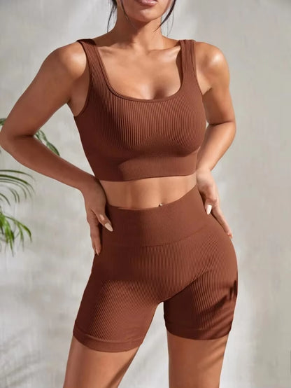 Seamless Ribbed Yoga Set for Women - 2-Piece Gym Outfit with Crop Tank and High Waist Shorts for Fitness and Running