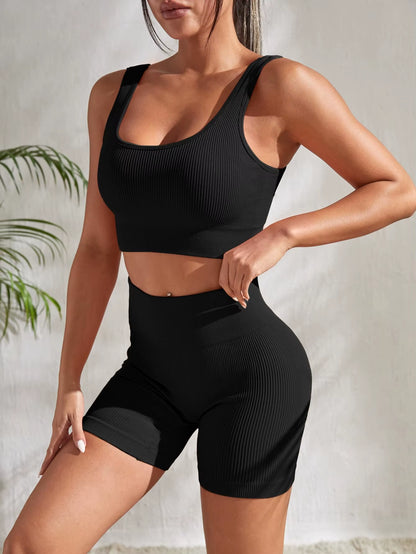 Seamless Ribbed Yoga Set for Women - 2-Piece Gym Outfit with Crop Tank and High Waist Shorts for Fitness and Running